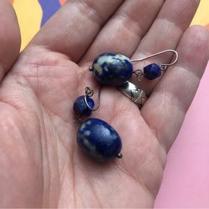 Vintage polished faceted lapis lazuli or sodalite & sterling drop earrings